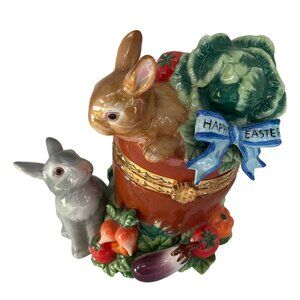 Decorative Ceramic Easter Rabbit Trinket Box 8" x 6" Vegetables Happy Easter Rib